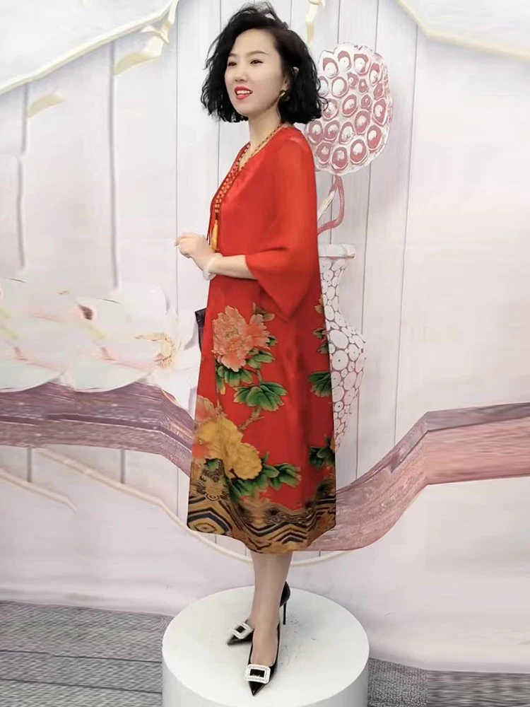 Step Shake Buckle Rich Peony Jacquard Dress Versitile Fashion Temperament Slim fit Long Skirt Middle-Aged and Elderly Middle-...