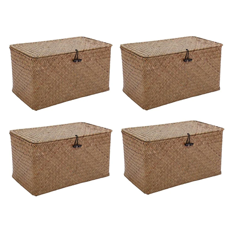 

4X Handmade Straw Woven Storage Basket With Lid Makeup Storage Box Seagrass Laundry Baskets Rattan Jewelry Box(M)