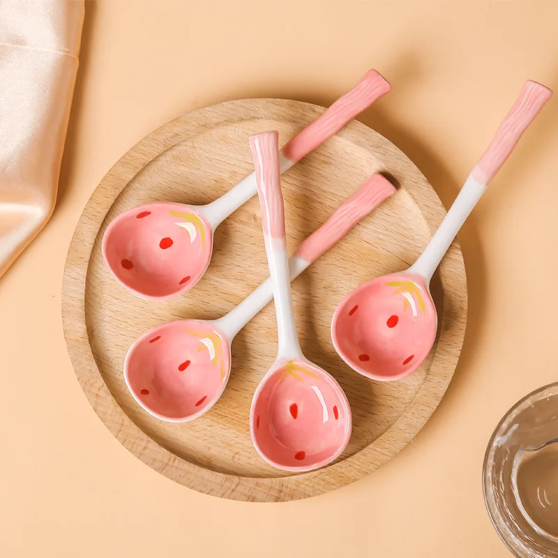 

Pink Strawberry Long-handled Spoon Cute Cartoon Pink Super Cute Spoon Household Ceramic Dinner Spoon