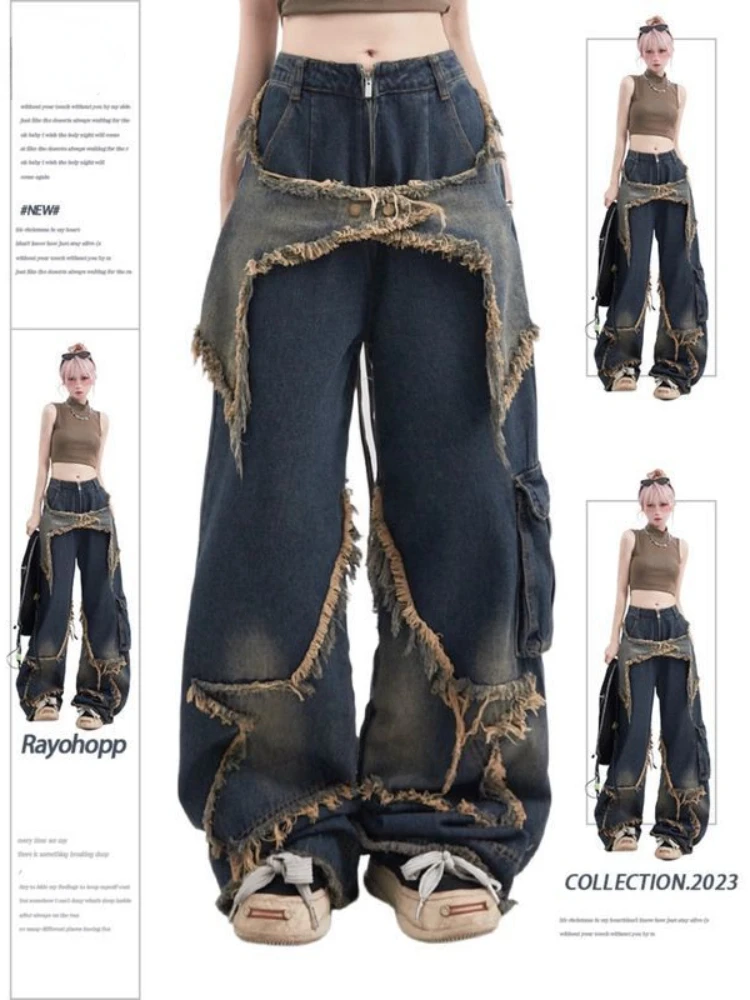 HOUZHOU Vintage Y2k Cargo Jeans Women Grunge Baggy Hippie Wide Denim Trousers High Street Punk Oversized 90s Aesthetic Jeans