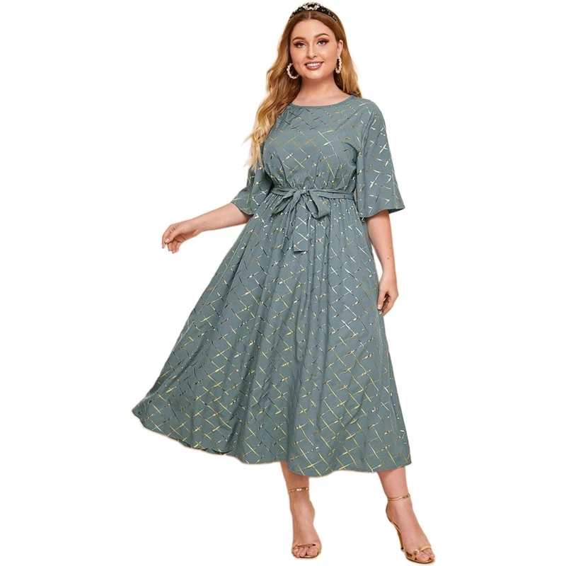 

Women 3/4 Flare Sleeve Crewneck Metallic Diamond Plaid Belted Long Swing Dress