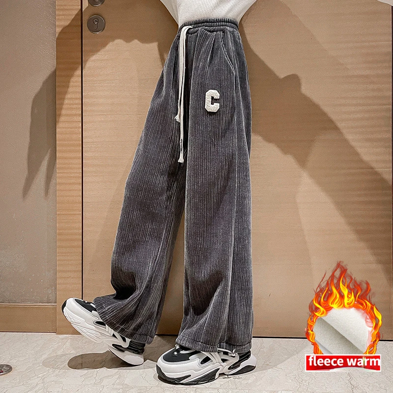 

Girls Trousers Autumn Winter Loose Wide Leg Pants for Kids Thick Fleece Warm Casual Sweatpants 12 13 14 Years Teen Child