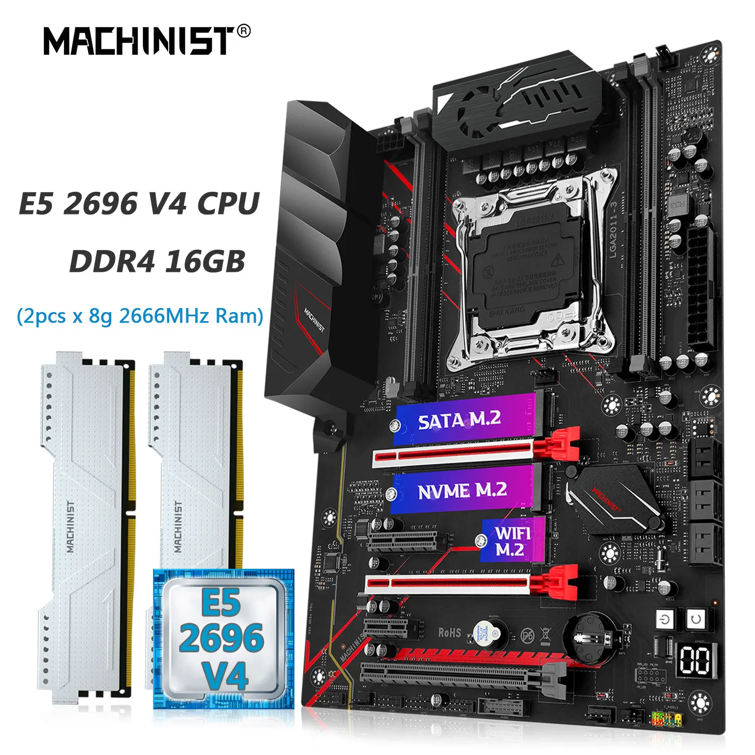 

MACHINIST X99 Motherboard Combo Xeon E5 2696 V4 CPU Kit LAG 2011-3 DDR4 2*8G=16GB 2666MHz RAM Four Channel NVME M.2 MR9A PRO MAX