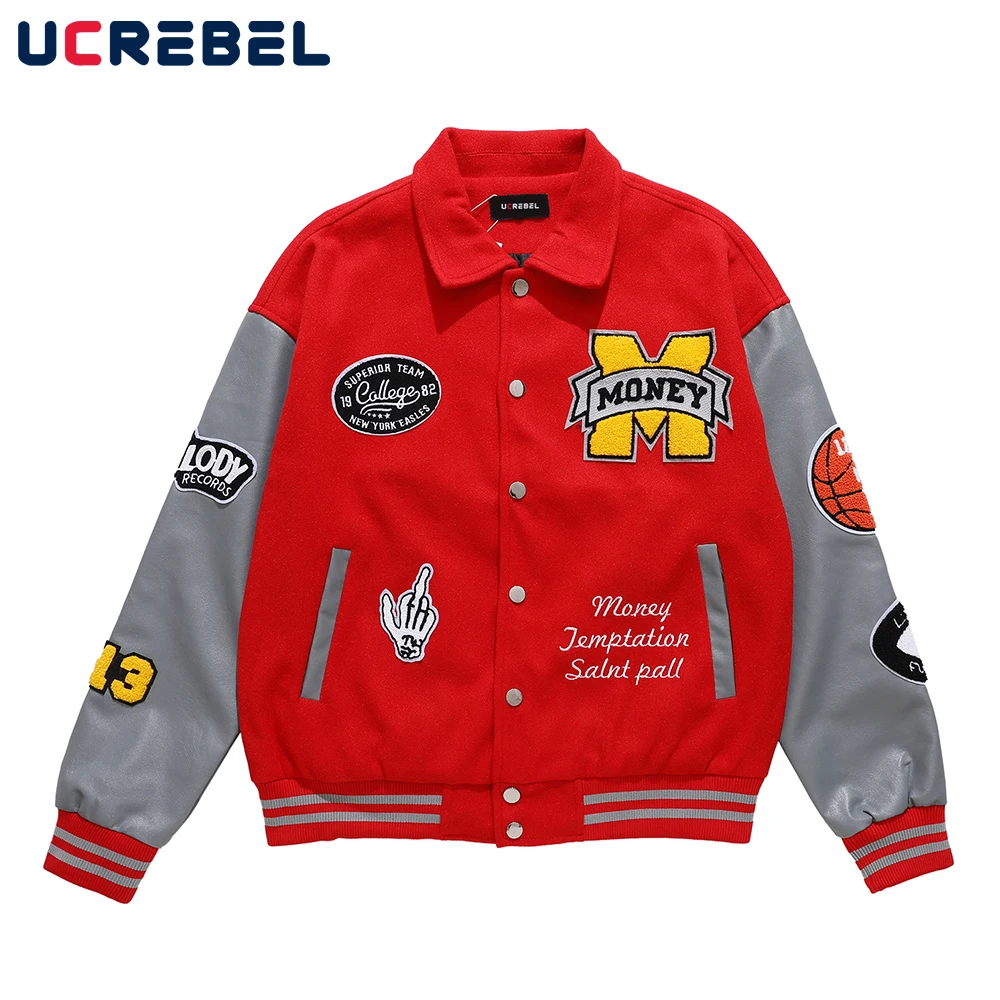 

Letter Embroidery Baseball Uniform Mens PU Leather Stitching Sleeves Outerwear Winter Long Sleeve Casual Stadium Jacket Men