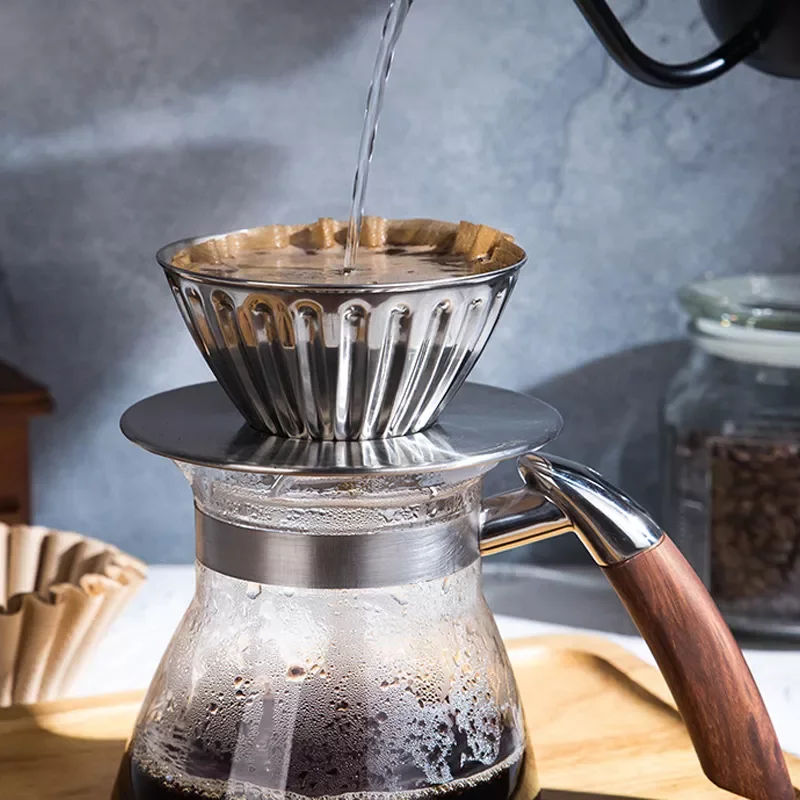 

500ML Coffee Dripper and Pot Set for Coffee Filter Reusable Coffee Filters Anti-Scald Wooden Handle Coffee Maker Coffee Brewer