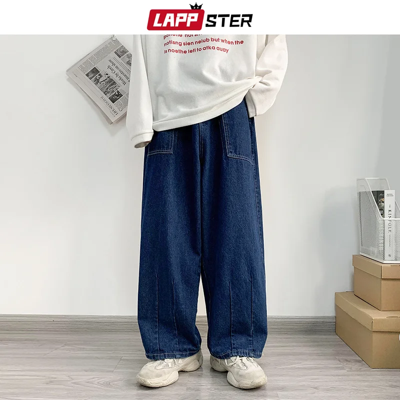 

LAPPSTER-Молодежные мужские корейские модные мешковатые джинсы Y2k брюки в стиле Харадзюку 2022 винтажные джинсовые брюки синие широкие Многослой...