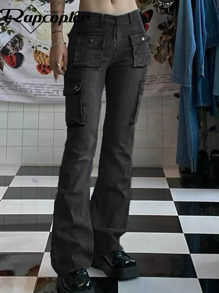 

Rapcopter y2k Pockets Flare Jeans Aesthetic Low Waisted Cargo Pants Strecthy Retro Basic Harajuku Trousers Women Korean Joggers