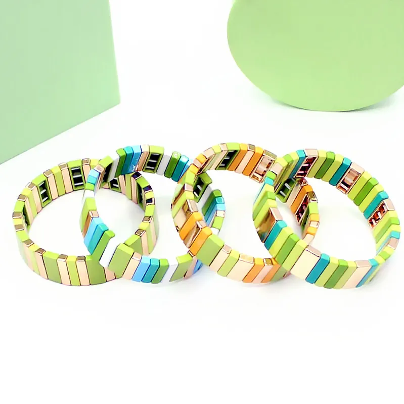

2022TheNew Colorful Jewelry Gift Lovely Fashion Adjustable Metal Rainbow Enamel Tile Elastic Bracelet Suitable for Women Jewelry