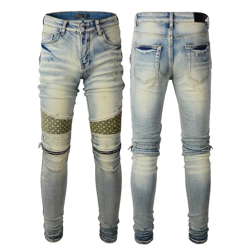 

21FW European Fashion Ripped Jeans Men Stretch Slim Fit Spring Autumn Motobiker Denim Pants Hip Hop Streetwear Jean