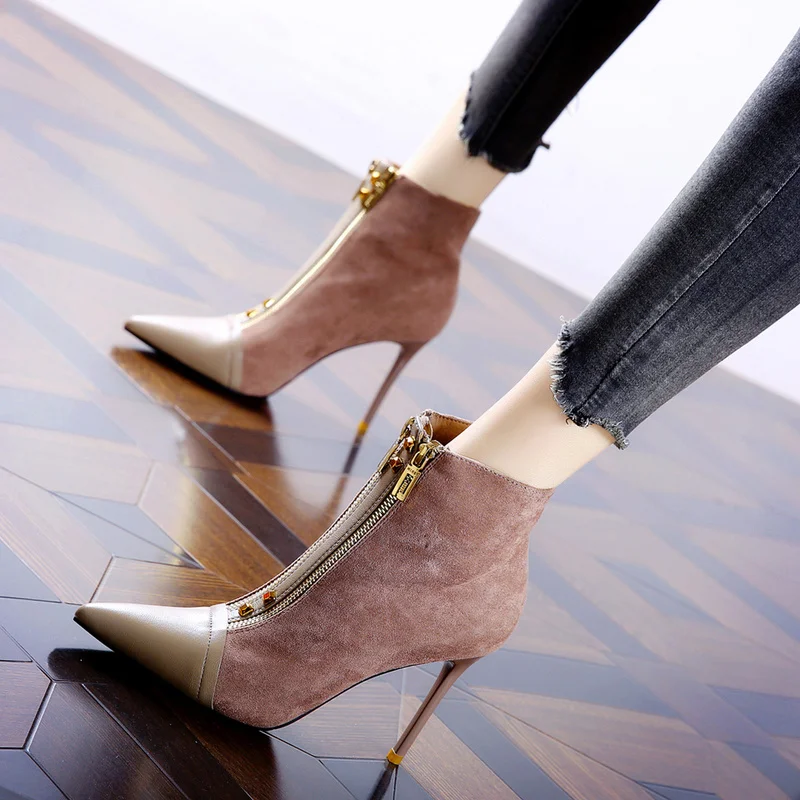 High Heels Botas De Mujer 2022 Autumn New Fashion Zipper Women's Shoes Metal Pointed Toe Office High Heels Zapato De Boots