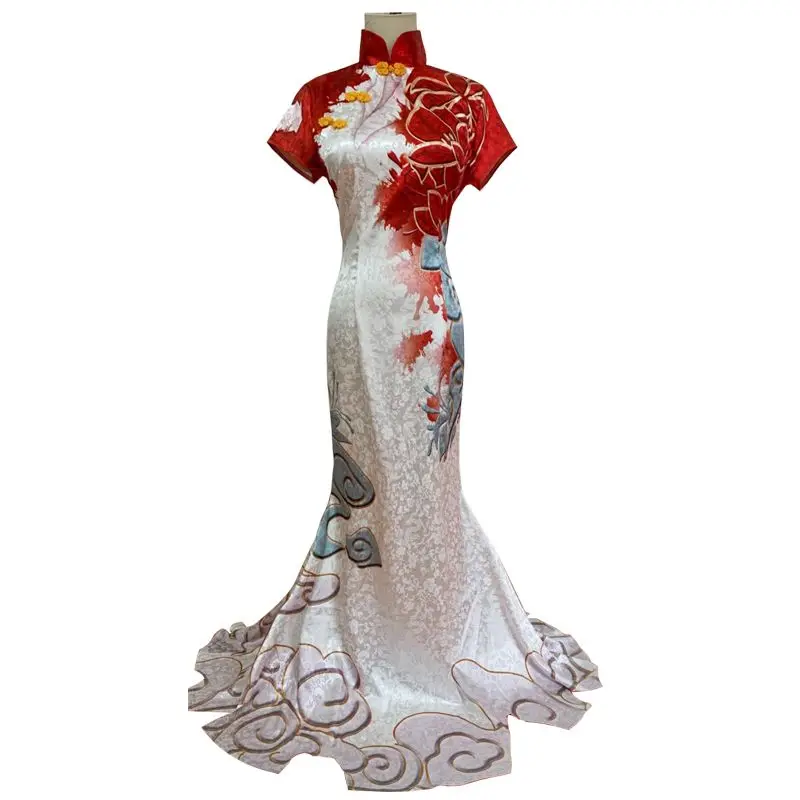 

Mermaid Qipao Long Flower Print Cheongsam Game Identity Cosplay Costume Lady Fur Shawl Mandarin Collar Chinese Dresses Vestidos