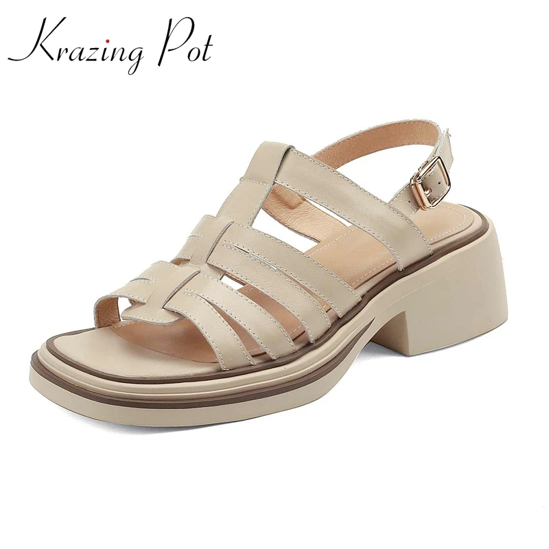 

Krazing Pot Big Size Natural Leather Peep Toe Med Heel Summer Shoes Gladiator Weave Platform Leisure Fashion Women Sandals L3f1