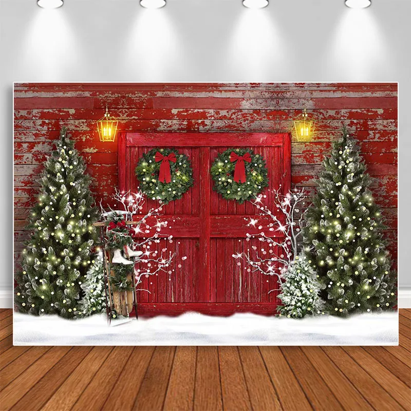 

Christmas Backdrop Red Barn Door Photoshoot Xmas Tree Garland Photography Kids Portrait Photographic Studio Photo Backgrounds