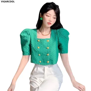 French square neck elegant short Top Female Summer Korean version embossed puff sleeves double breas in Pakistan