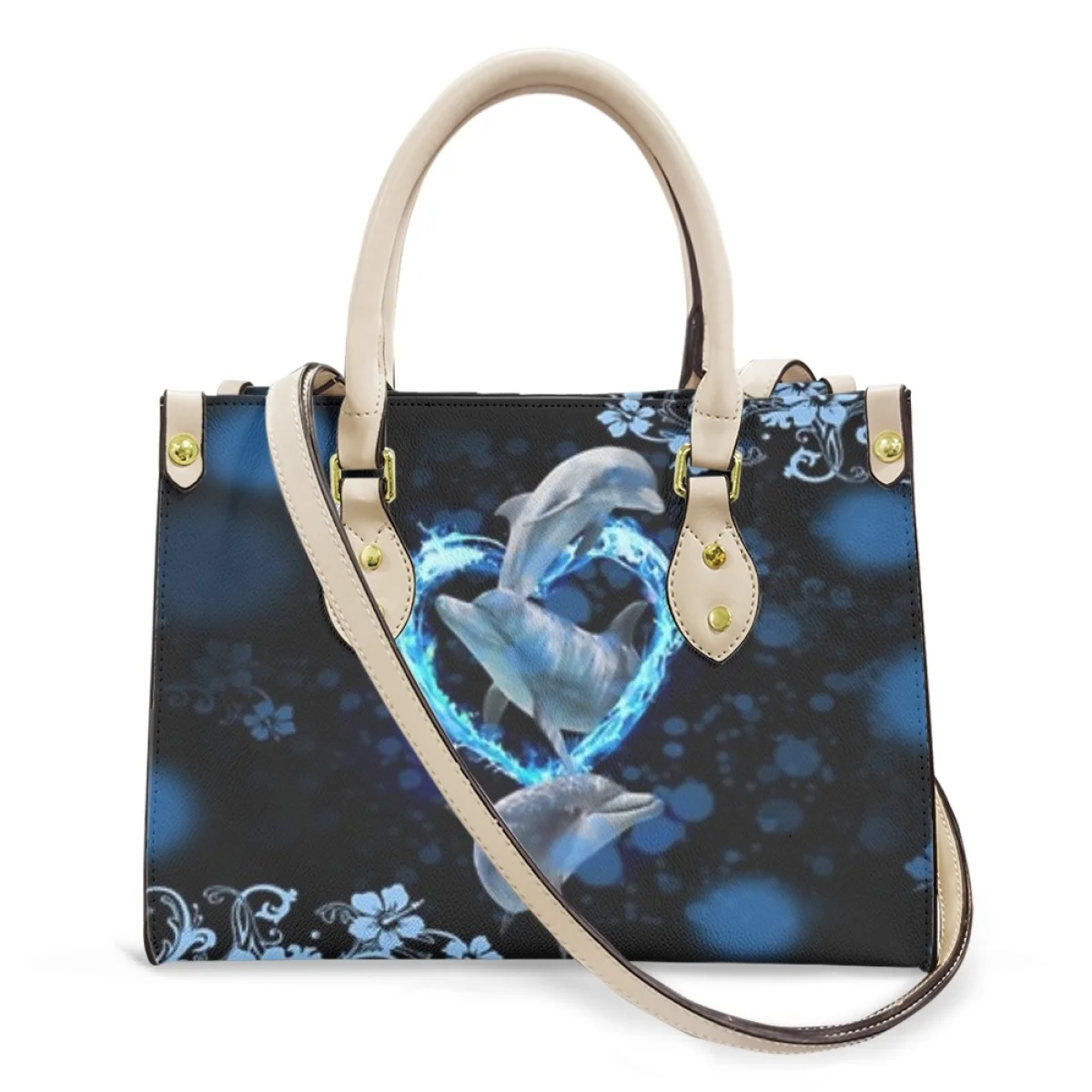 Belidome Blue Dolphin Floral Design Luxury Pureses and Handbags For Womens Top Handle Satchel Shoulder Bags Messenger Tote Bag