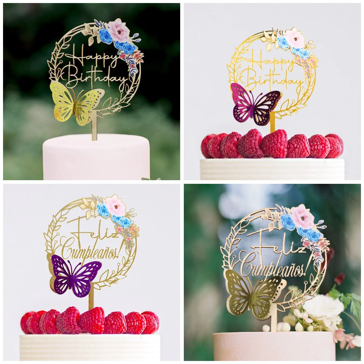 

1pc 3D Butterfly Flore Happy Birthday Feliz cumpleaños Cake Topper for Party Decoration