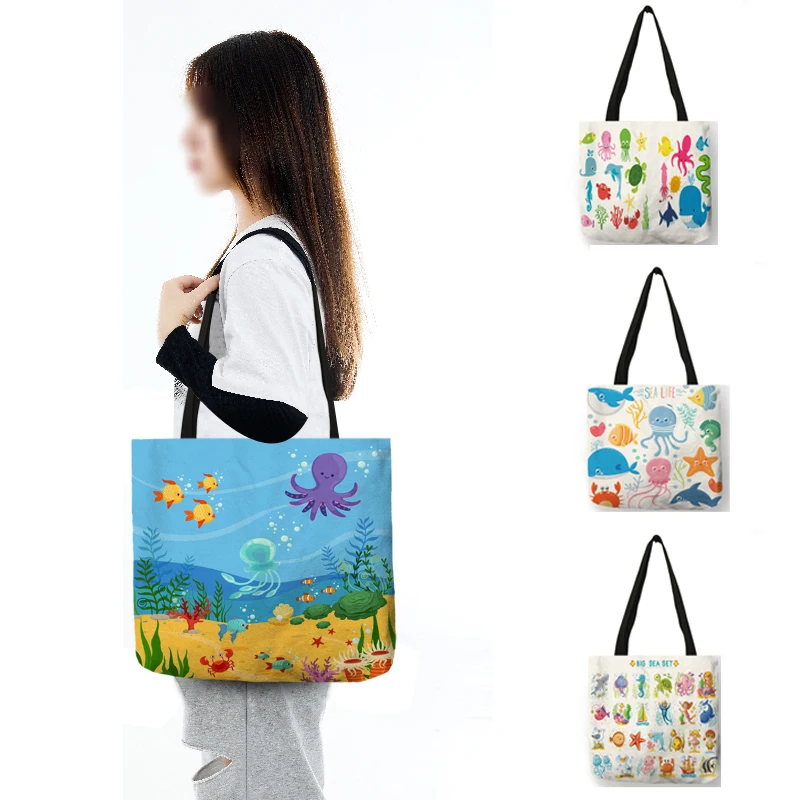 

Kids Gift Shoulder Bag Cute Sea Animals Cartoon Octopus Whale Handbag Student School Outdoor Beach Shopping Bags for Groceries
