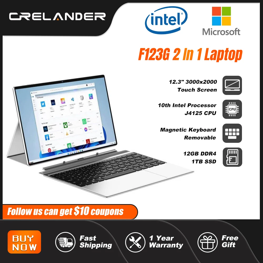 CRELANDER 2 In 1 Laptop 12.3 Inch 3K Touch Screen 12GB RAM 512GB SSD Intel J4125 Windows 11 Tablet Pc Portable Notebook Computer