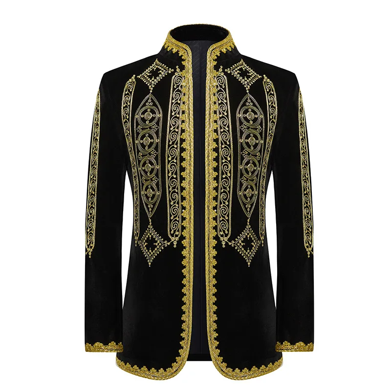 

Luxury Floral Embroidery Velvet Suit Jacket Men Stand Collar Slim Fit Cardigan Blazer Coat Party Wedding Dinner Court Costume