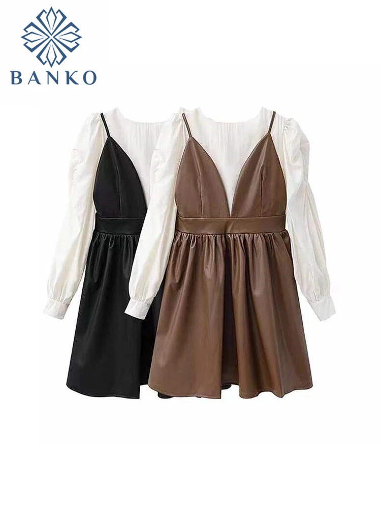 

2022 Women Autumn Design 2 Pieces Outfit O-neck White Color Pleated Puff Sleeve Blouses + Draped Suspender PU Faux Leather Dress