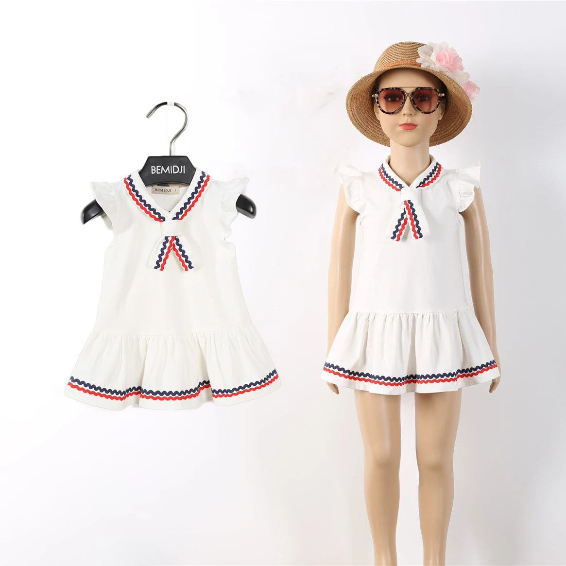 

Модное летнее платье для девочек, детская одежда с летящим рукавом, платье с матросским воротником для малышей, галстук-бабочка, искусственная танцевальная одежда, качественная детская одежда