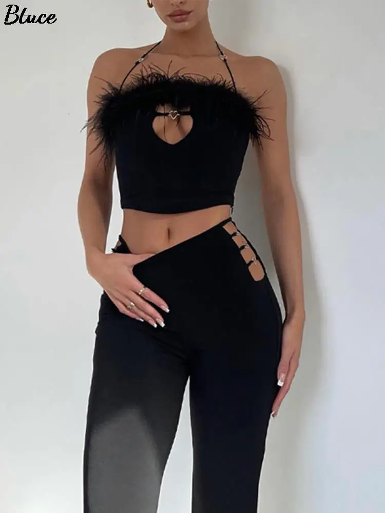 

Women Feather Trim Black Outfits Sexy Halter Backless Cut Out Crop Top 2 Piece Set 2022 Summer High Waist Pencil Pants Suits