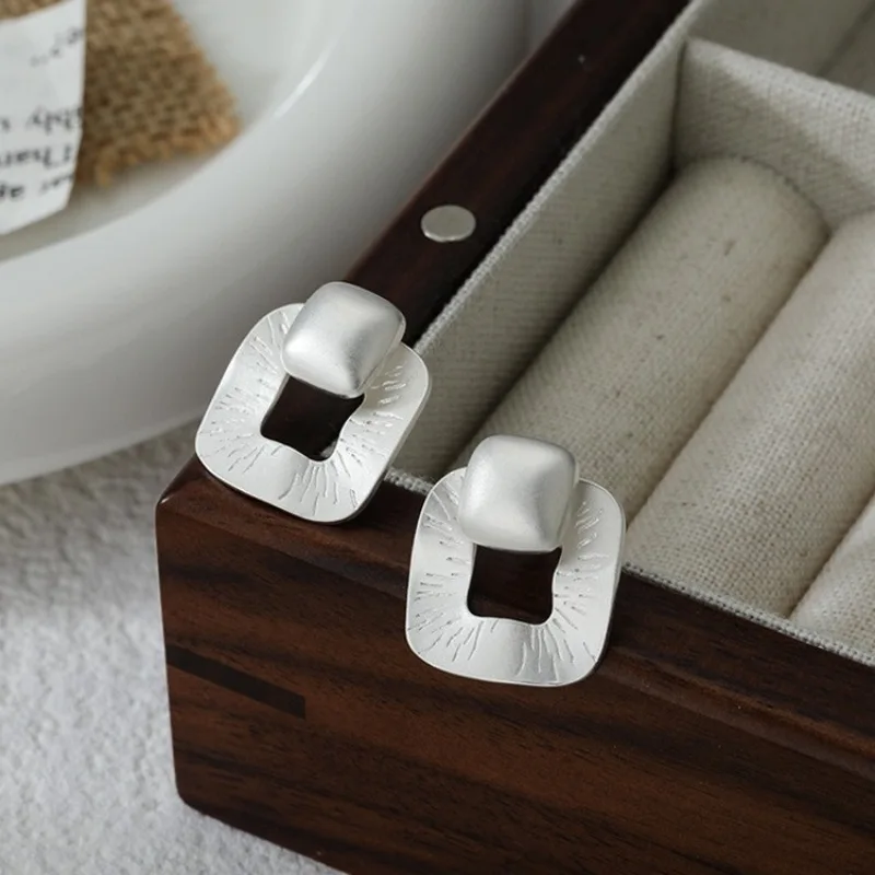 

925 Silver Color Vintage Square Earrings For Women Trendy Earring Jewelry Prevent Allergy Party Accessories Gift