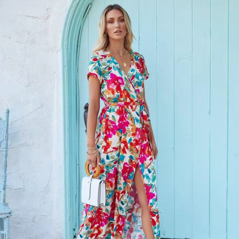 

Autumn New Fashion Print Hemline V-neck Casual Resort Style Dress Woman