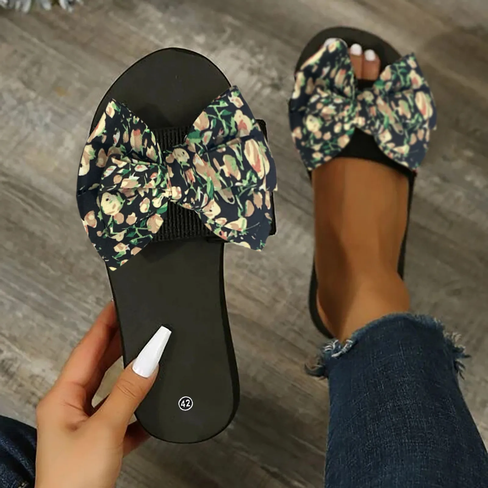 Летние пляжные тапочки с бантом Женские повседневные плоские цветочным рисунком