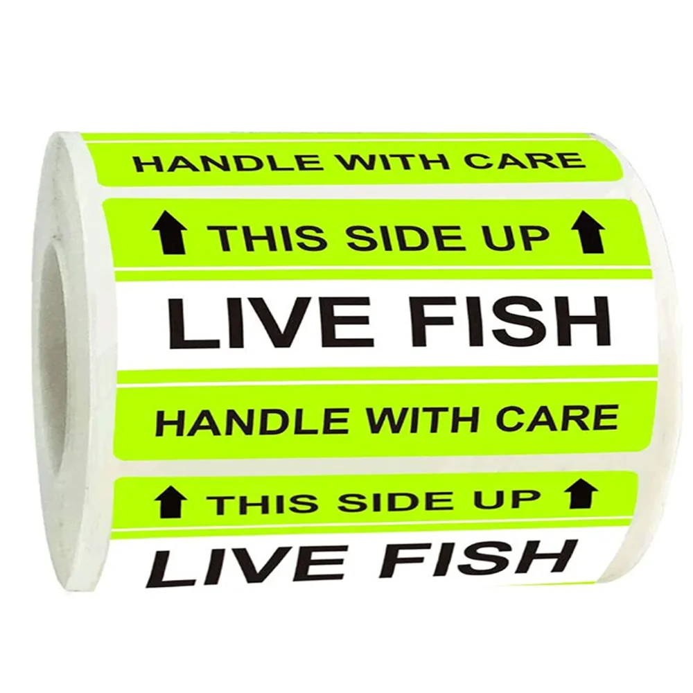 

250Pcs Live Fish This Side Up Labels with Arrows Fluorescent Fragile Shipping Label Stickers for Pet Crate Shipping and Packing