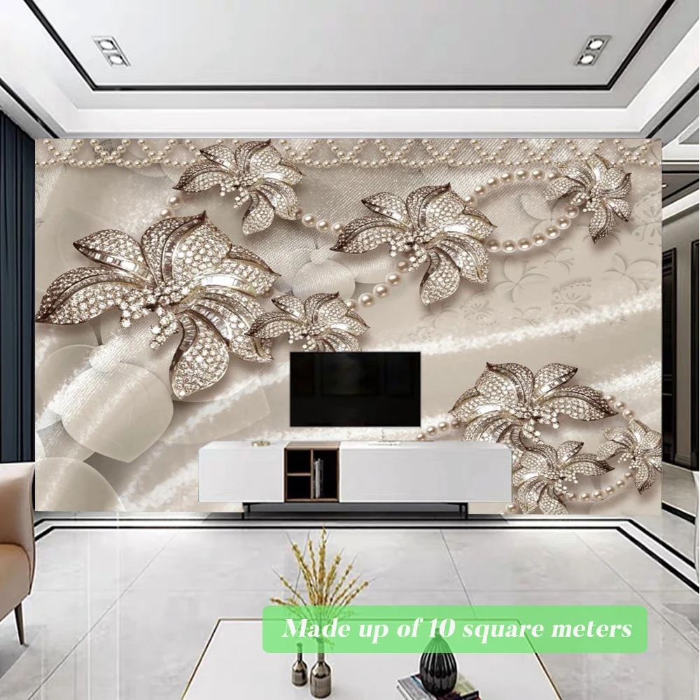 European Style 3D Luxury Gold Jewelry Diamond Flower TV Background Photo Wallpaper Wall Painting Living Room Hotel Mural Decor |