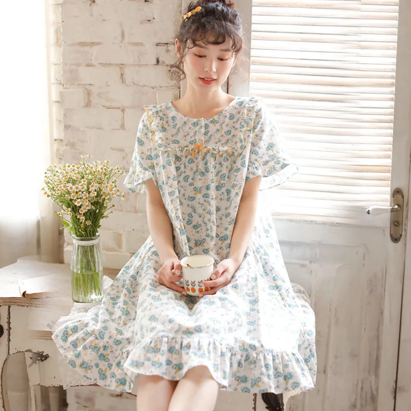 

2022 new women cut floral round neck pajamas 100% cotton Japanese style girl home wear short sleeve skirt