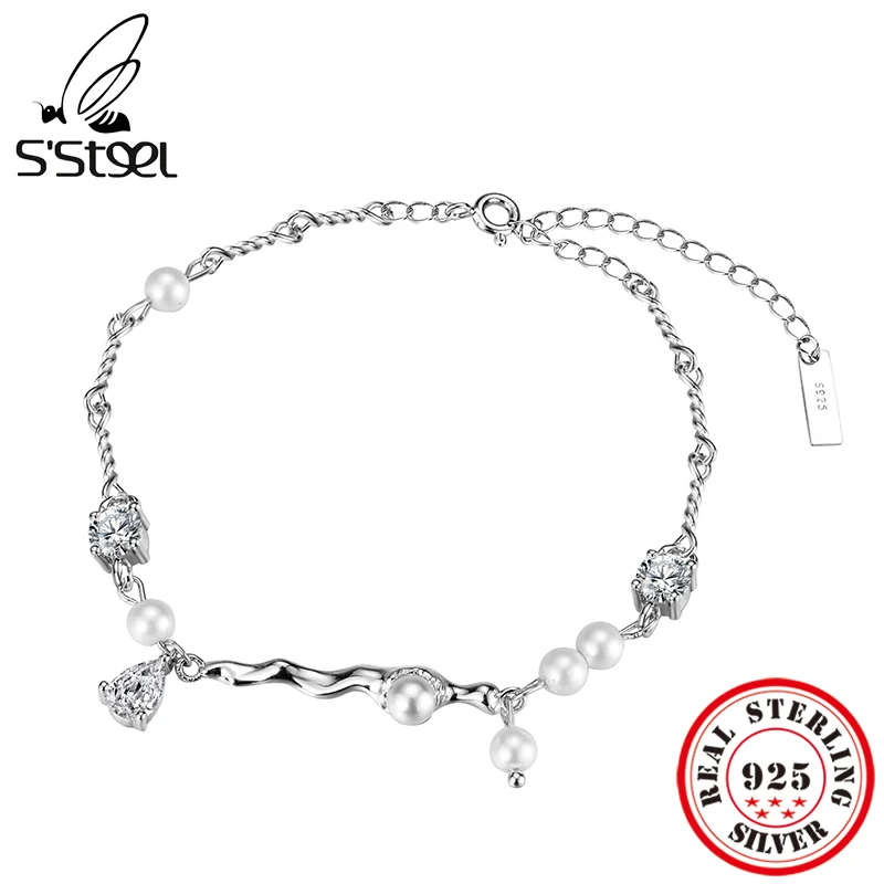 

S'STEEL Korean 925 Sterling Silver Pearl Luxury Ankle Bracelets For Women Zircon Designer Bracelet Femme Luxury Fine Jewelry