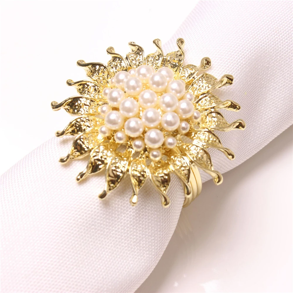 

12PCS/Sunflower imitation pearl diamond napkin ring table top decoration for celebration hotel wedding reception