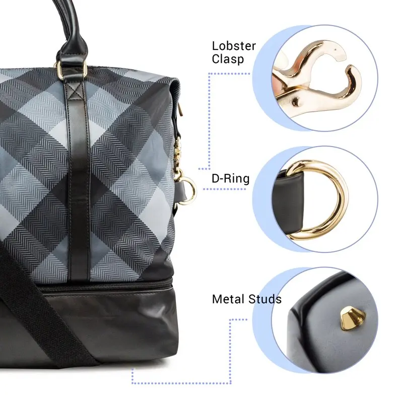 Weekender Bag Travel Duffle for Women Men Overnight Carry On Tote with Shoe Compartment and Luggage Sleeve- Black Plaid