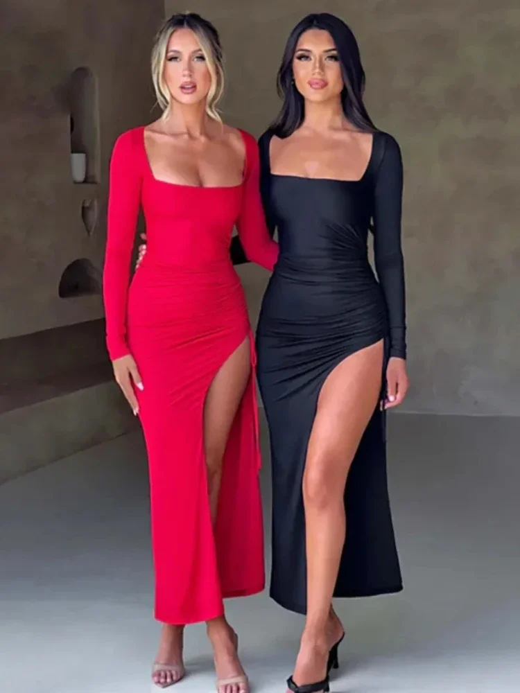 

Fashion Woman Square Collar Long Sleeve High Slit Shirring Black Evening Dress 2023 Fall Ladies Tunics Skinny Long Party Dresses