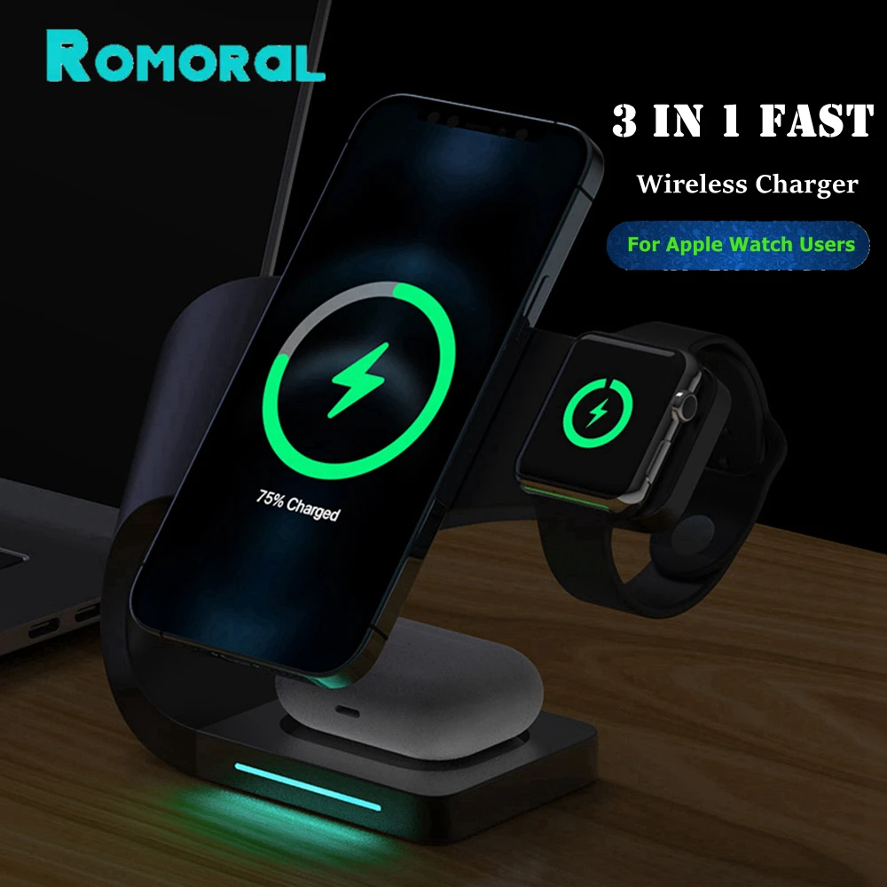 

3 In 1 Magnetic QI Wireless Charger Fast Charging Station For IPhone 13 12 11 Max Chargers For Apple Watch 6 7 SE Airpods 2 Pro