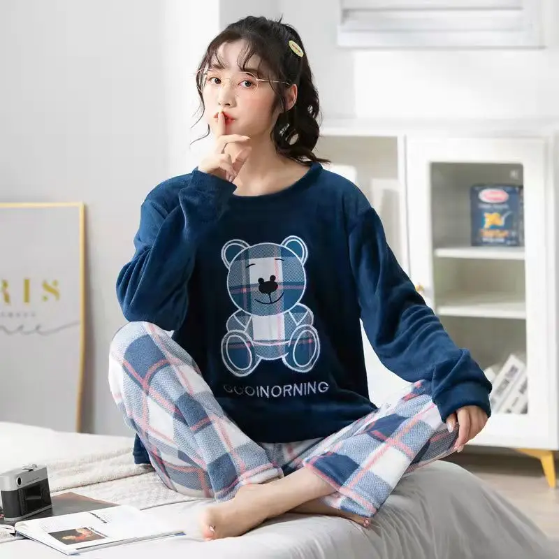 Winter Coral Velvet Pajamas Women's Fashion New Warm Plush Thickened Cartoon Pijamas Set Korean Loose Cute Sleepwear Pyjamas Set