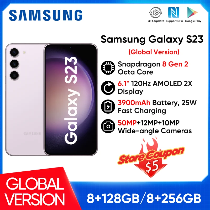 2023 New Samsung Galaxy S23 5G Smartphone Qualcomm SM8550-AC Snapdragon 8 Gen 2 120Hz AMOLED 2X Display Android13 NFC Cell Phone