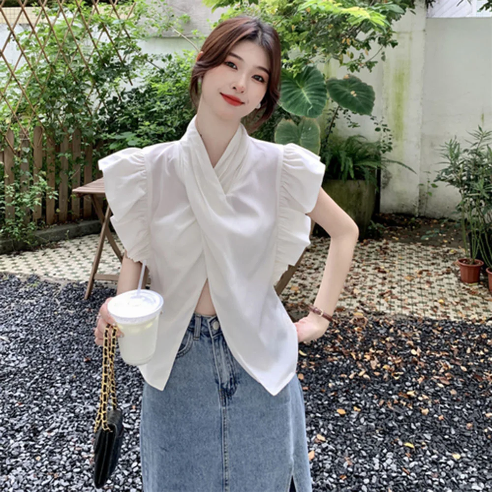 

Blusas Mujer Elegant Womens Ruffle Sleeve Blouses Chic Cross Collar Shirt Summer Sexy Crop Tops Korean Blouse Ladies Runway Tops