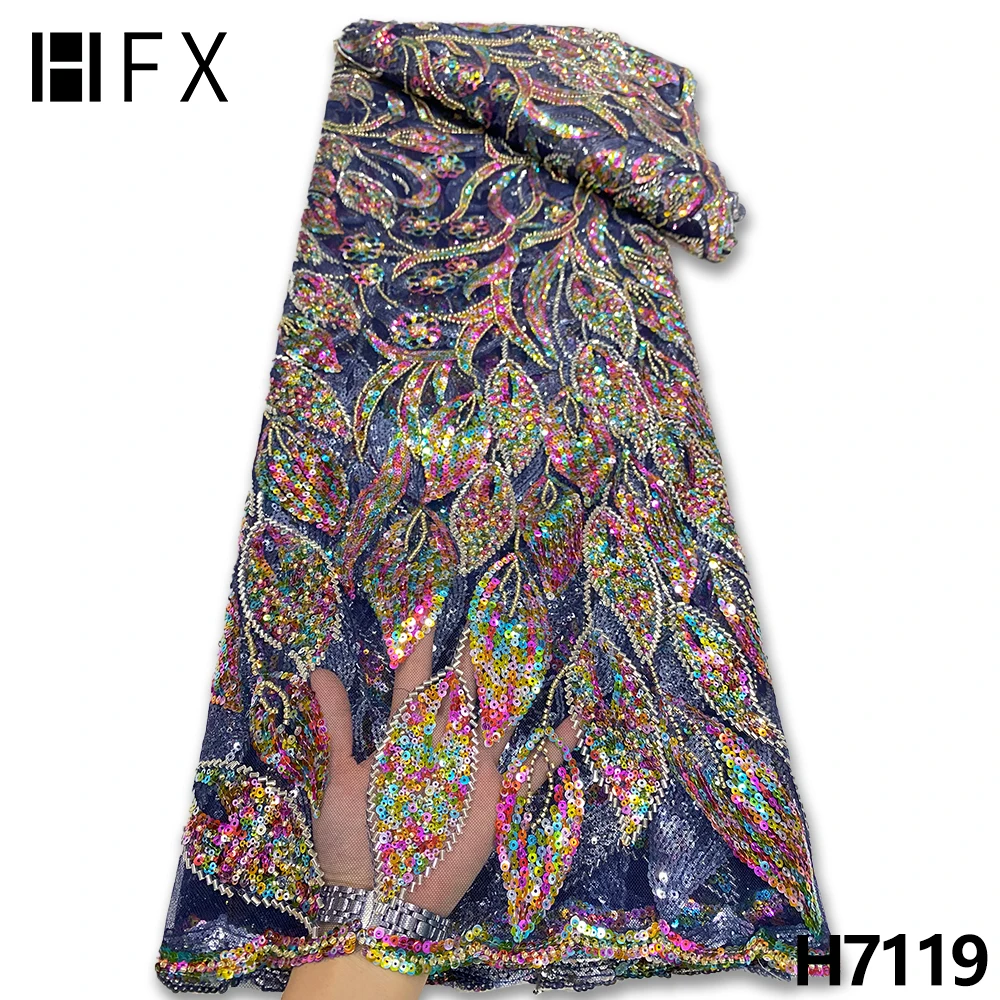 

HFX Hot Sale Design Sequin Mesh Lace Fabric 2022 Luxury African Crystal Hand Beaded Lace Fabric For Bridal Party Dresses F7119