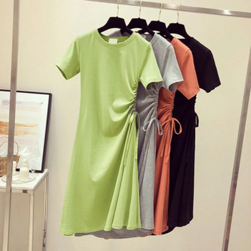 

Women's Dresses Short Sleeve Drawstring Midi T-shirt O Neck Skirts Summer Beach Fashion Solid Color Girls Daily Outdoor Dress
