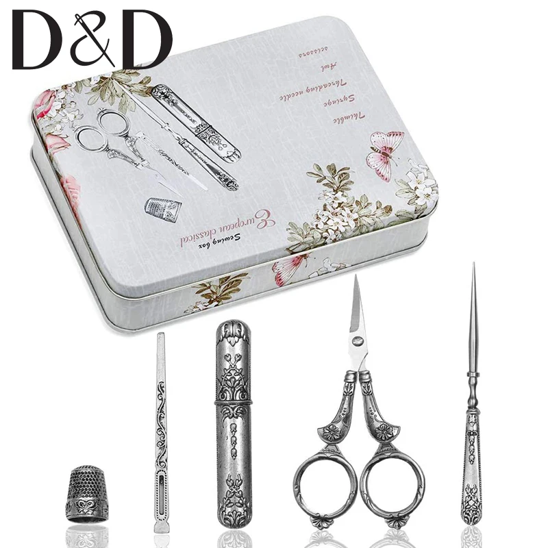 

5pcs Embroidery Scissors Kits Vintage Sewing Needle Case/Sewing Thimble/Metal Awl with Storage Box DIY Needlework Sewing Tools