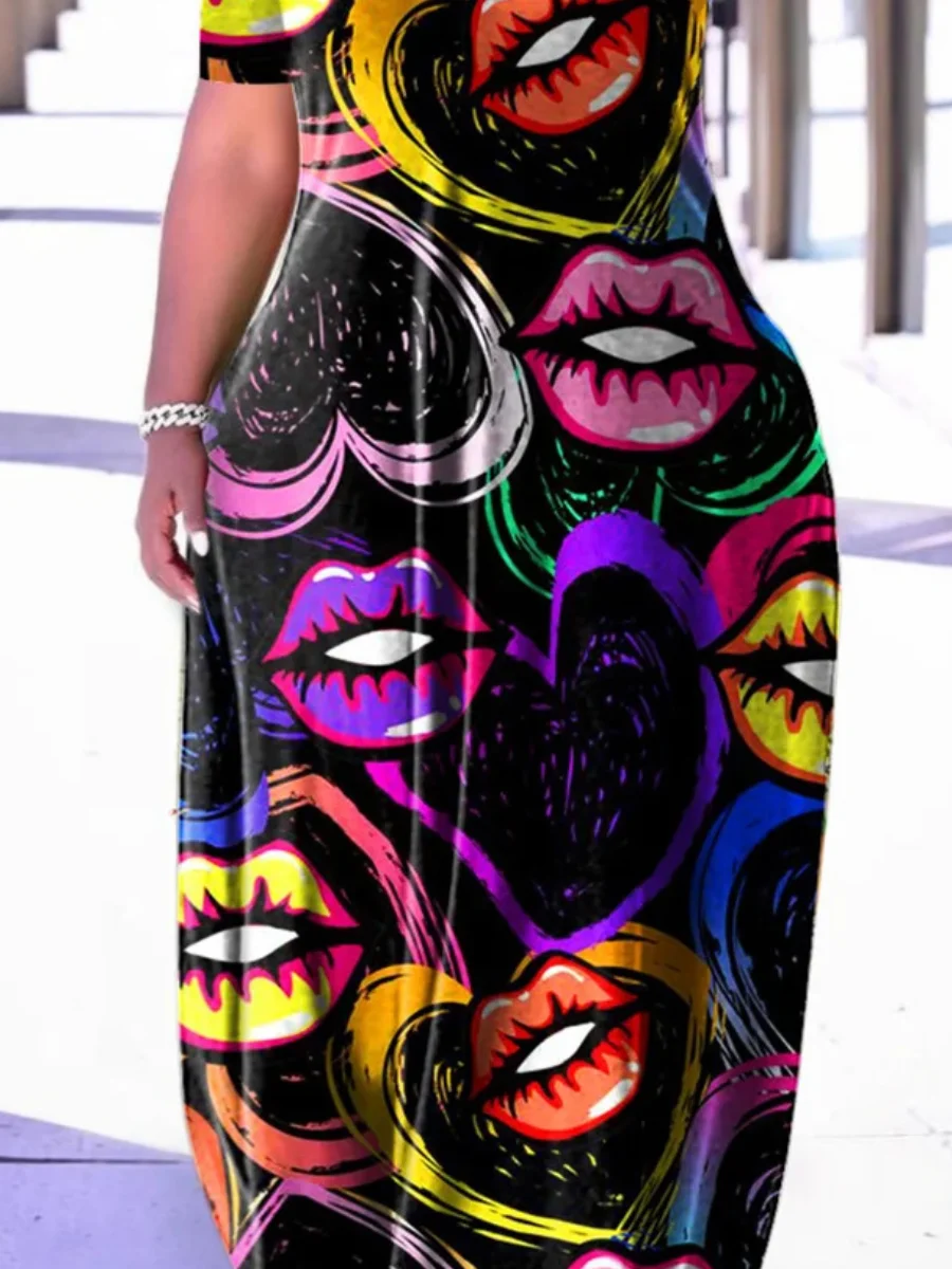 LW Plus Size Letter Print Loose Dress Women short sleeve Summer Loose Casual Beach Long Dress Ladies Maxi Dresses Party Vestidos