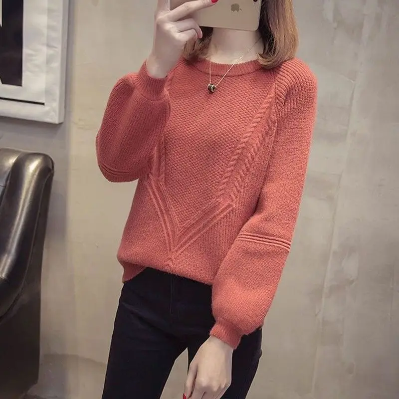 Winter's Plush Lining Sweaters Knitted Korean Pullover Long Sleeve O-neck Elegant Tops Solid Color Warm Basic Snow Wear Knitwear