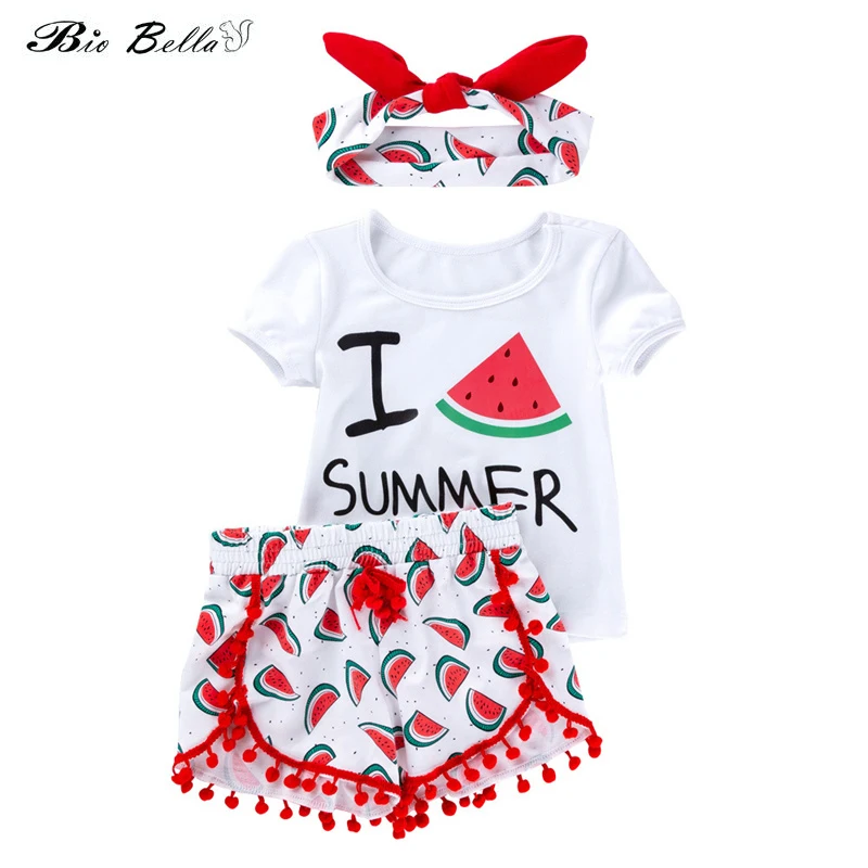 

New Sweet Baby Girl Ruffled Red Tops Watermelon Shorts Kid Sunsuit Toddler Clothes T-shirt+Watermelon Shorts+Hairband 3Pcs Set
