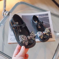 2022 kids fashion mary janes autumn girls party princess leather shoes bow pearl rhinestone shoes baby black beige wedding flats