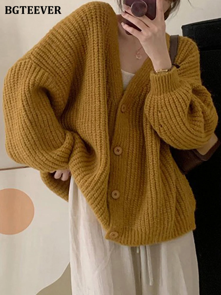 

BGTEEVER Elegant Loose Single-breasted Women Knitted Cardigans 2022 Winter Ladies Knitwear V-neck Full Sleeve Female Sweaters