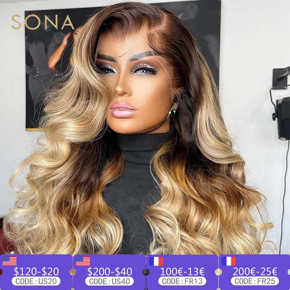 13x6 HD Transparent Lace Frontal Body Wave Wig Brown Roots Ombre Honey Blonde 13x4 Lace Front Human Hair Wigs With Baby Hair