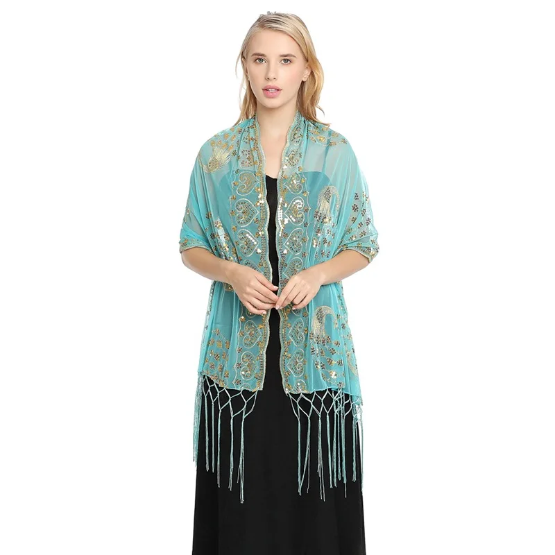 Spring Autumn Sequin Shawl Peacock Embroidery Tassel Shawl Party Evening Dress Shawl Cloak Ponchos Capes Blue